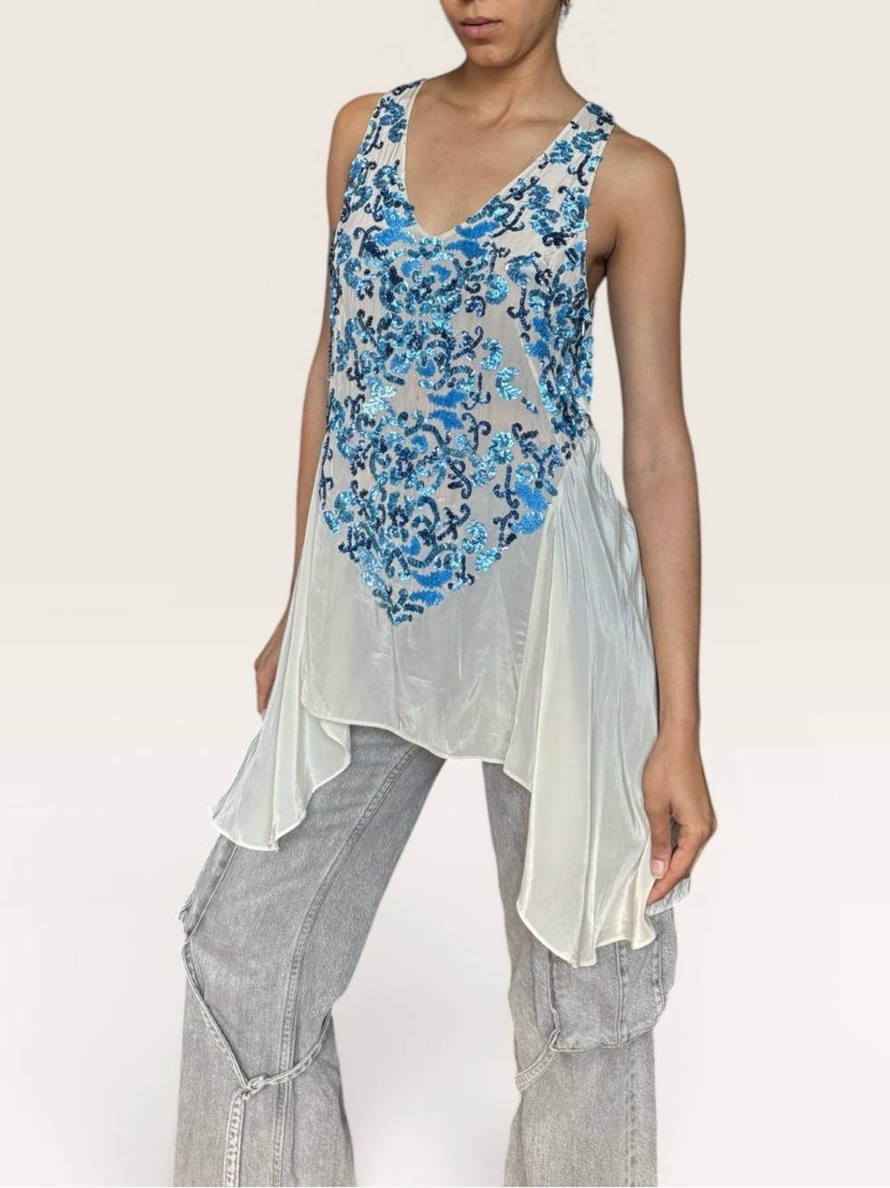 Yoana Baraschi Blue Baroque Sequin‎ Embellished Mesh Tunic Top Boho Festival Y2K